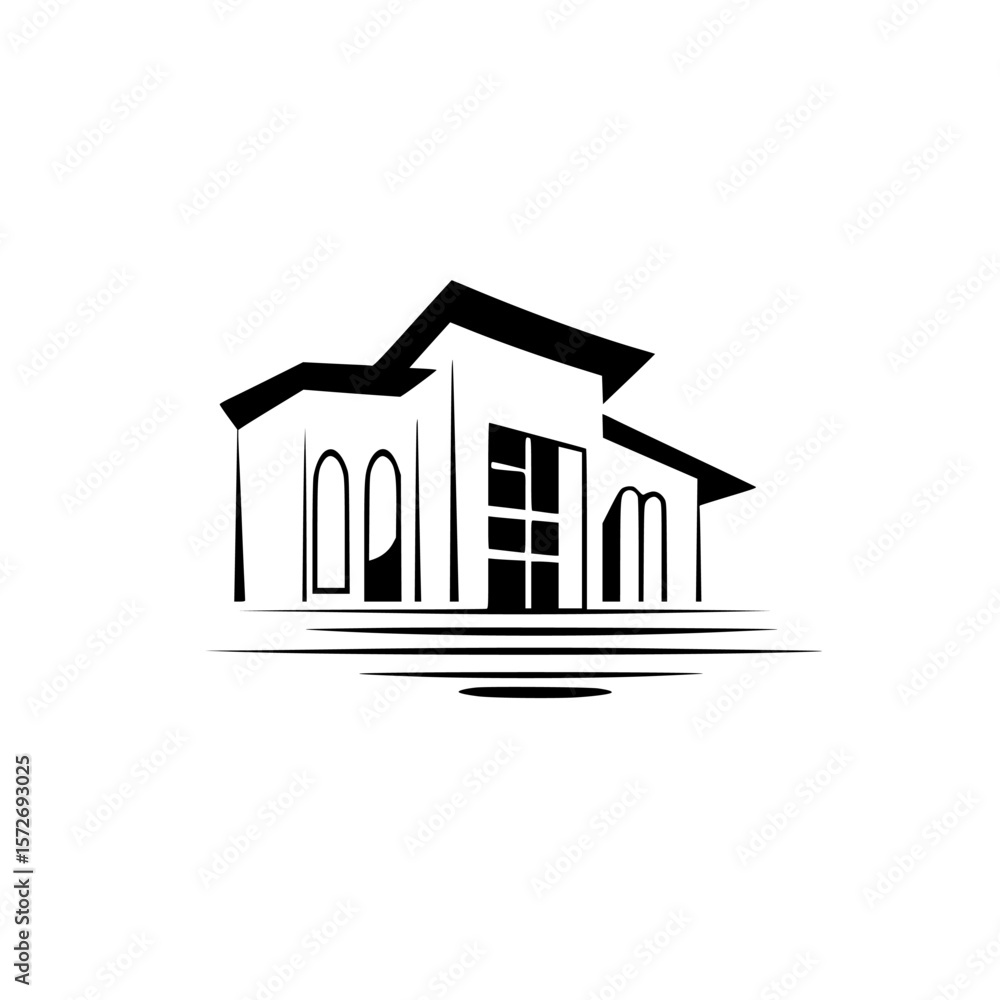 Poster silhouette pictogram depicting a modern building design with clear lines and geometric shapes for ar