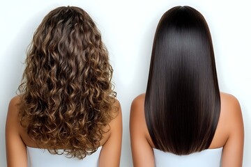 Comparison of curly natural wavy brown hair and straight dark hair from back view on white background, showing different hair textures and styling results.