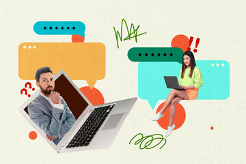 Composite artwork photo collage template sketch of laptop display businessman appear young lady...