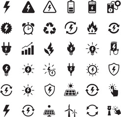 Vector art of a collection of black energy icons on transparent background