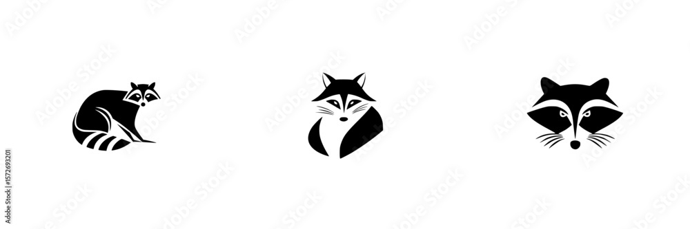 Poster silhouette pictogram icons representing raccoons displayed in a simple, isolated design showcasing v