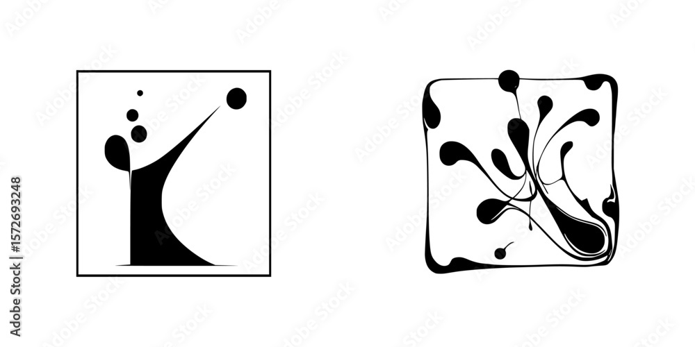 Poster silhouette pictogram icons illustrating dynamic shapes and fluid forms in black and white design for