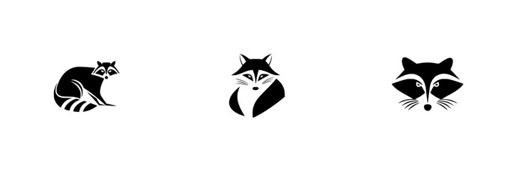 Obraz premium Silhouette pictogram icons representing raccoons displayed in a simple, isolated design showcasing various features and expressions