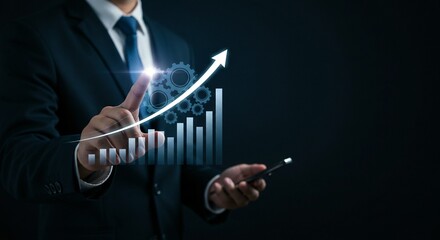 Business professional interacting with an upward trending graph and gear icons, symbolizing growth and strategic progress.