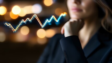 Young businesswoman contemplating financial market data visualization with glowing chart lines against blurred bokeh lights background in evening office.