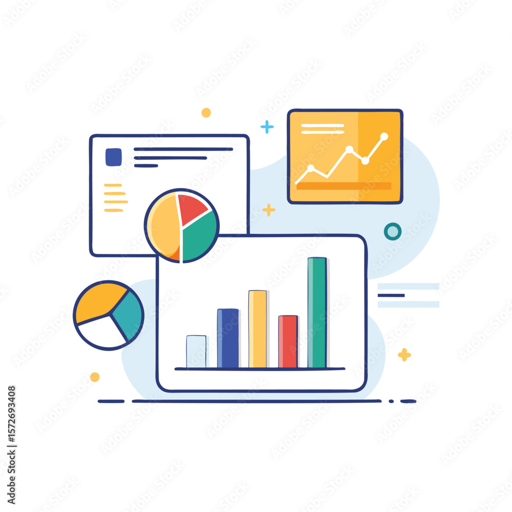 Poster flat design illustration of business analytics with charts and graphs