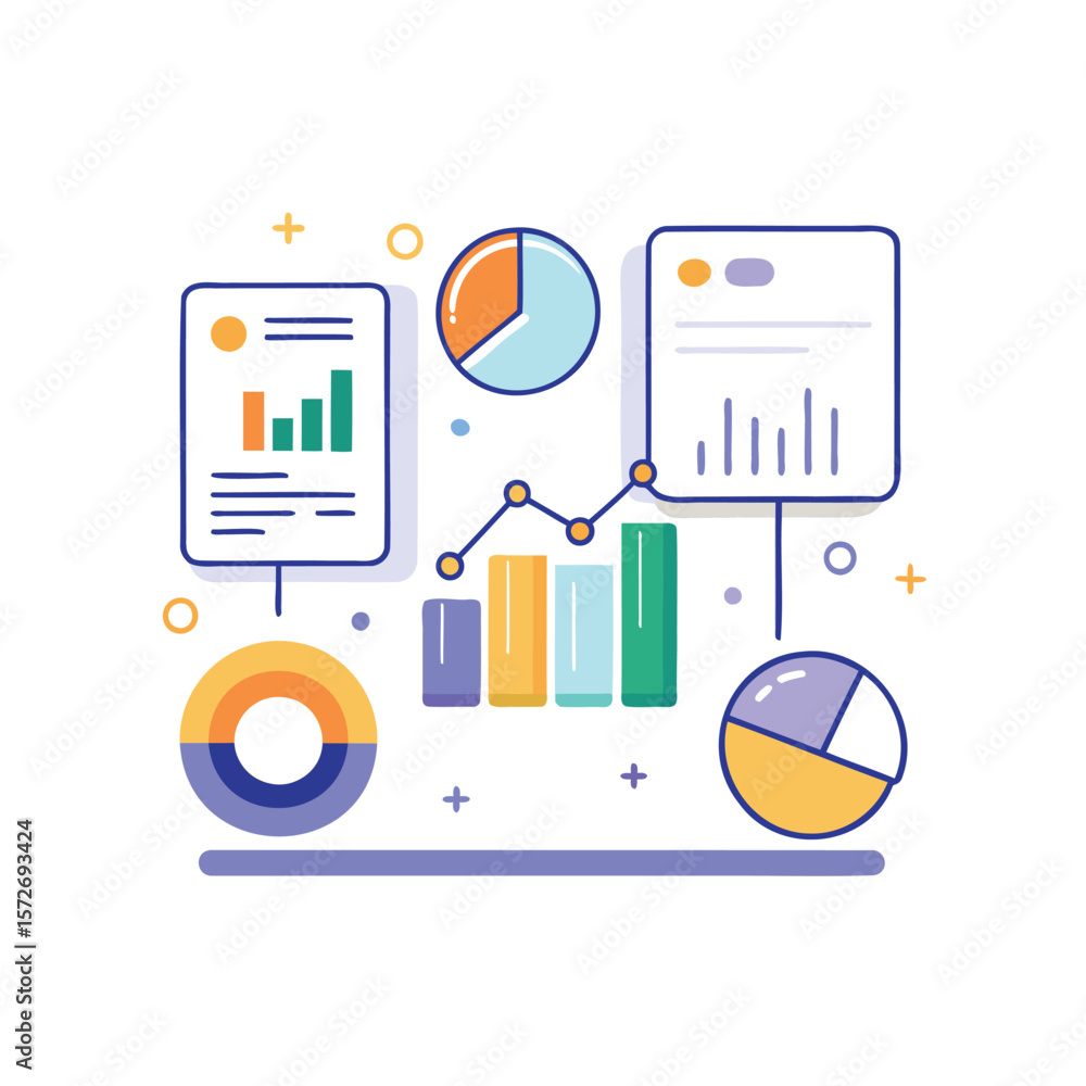 Poster flat design illustration of business analytics with charts and graphs
