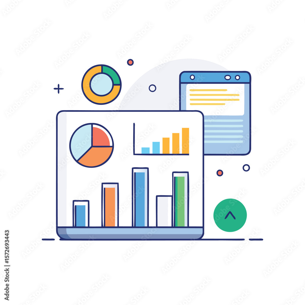 Poster flat design illustration of business analytics with charts and graphs