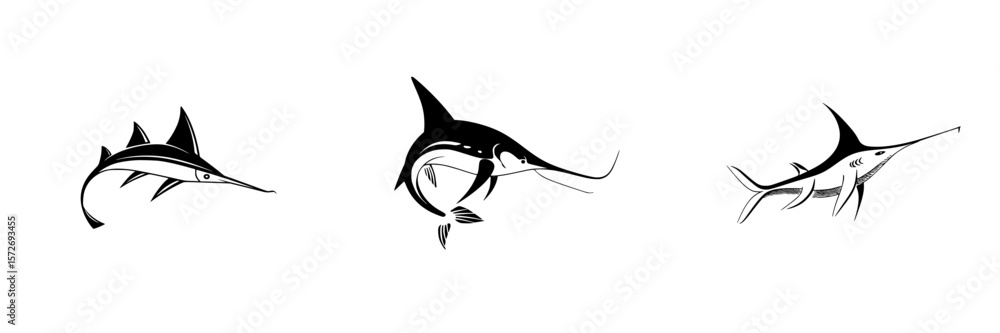 Poster silhouette pictograms of different types of fish showcasing unique features and designs in a minimal