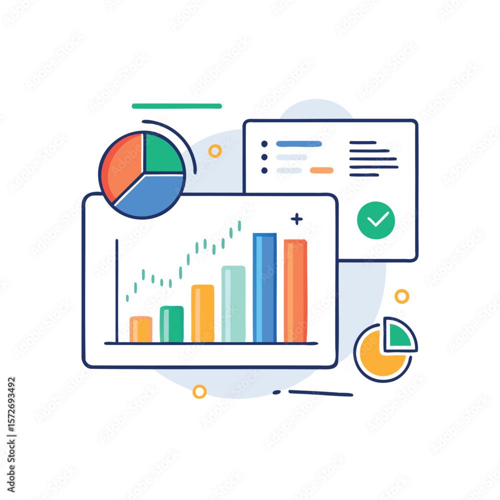 Poster flat design illustration of business analytics with charts and graphs