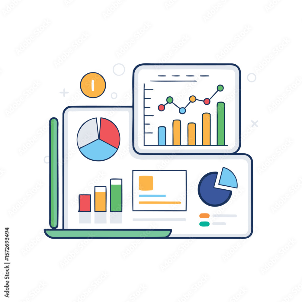Poster flat design illustration of business analytics with charts and graphs