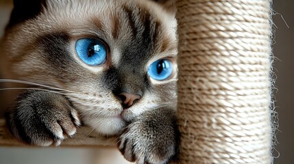 Ragdoll cat with striking blue eyes and seal point coloring peeks playfully from behind scratching post, showcasing feline charm and personality in close-up portrait.