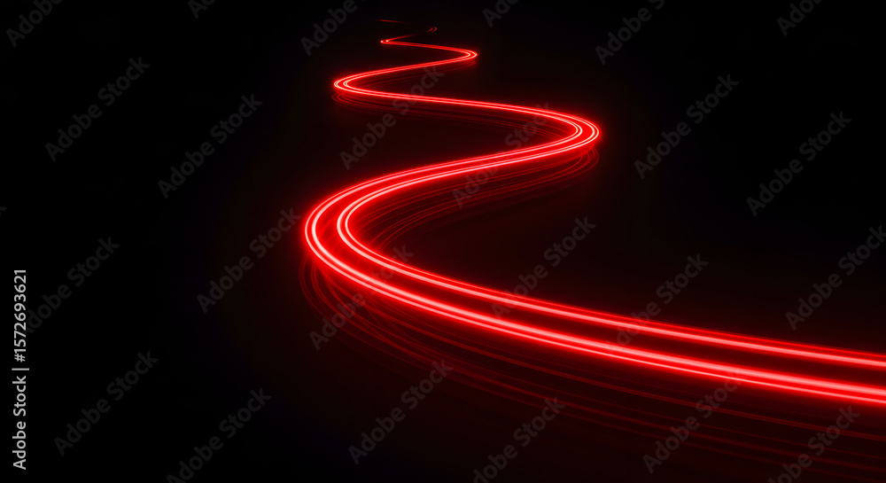 Poster red light trails at night: abstract image of two winding red light trails on a dark road at night, c
