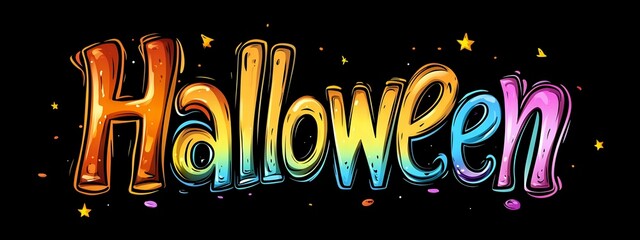 Colorful rainbow gradient Halloween text with glowing effect and sparkly stars on black background, stylized lettering design for seasonal decoration.