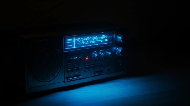 Vintage Sanyo Radio Glowing Blue in the Dark, Retro Audio Technology