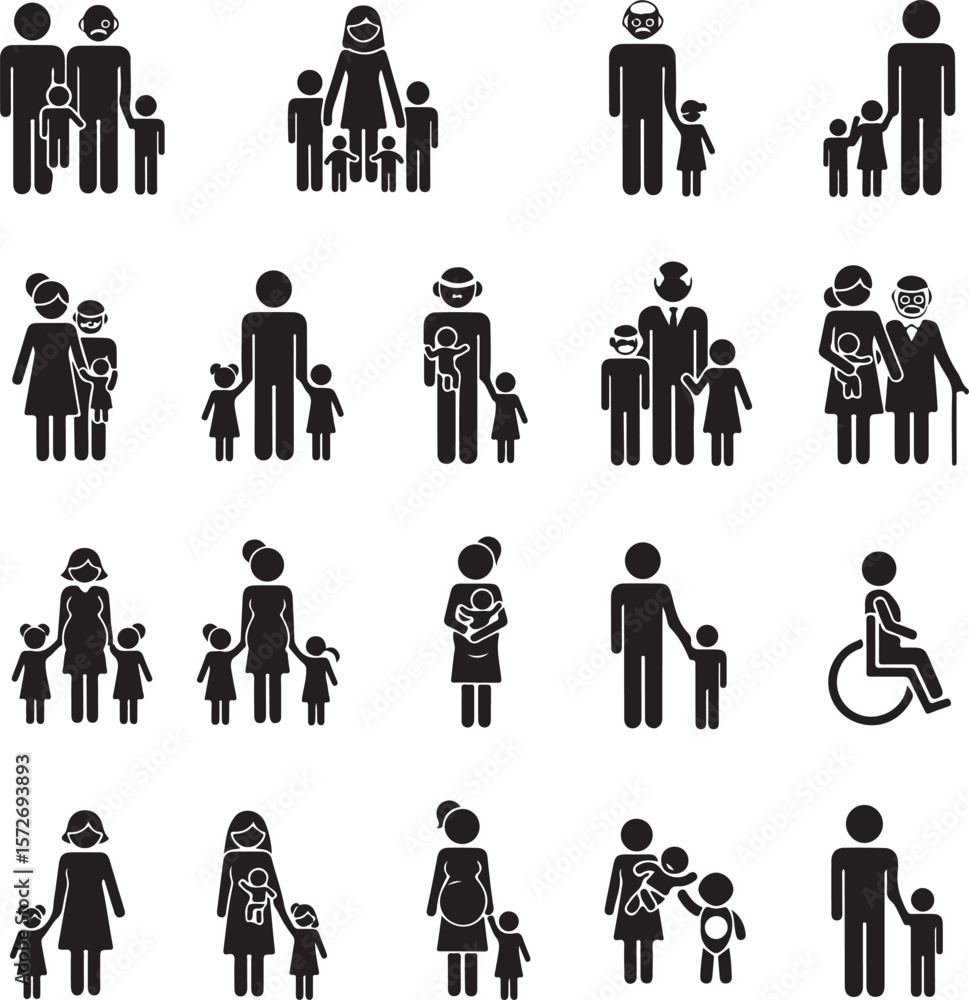 Poster vector art of a diverse collection of family icons representing various generations isolated on tran