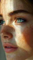 Close-up portrait showing bright green eyes, natural freckles, and glowing skin illuminated by warm sunlight, capturing youthful beauty and natural features.