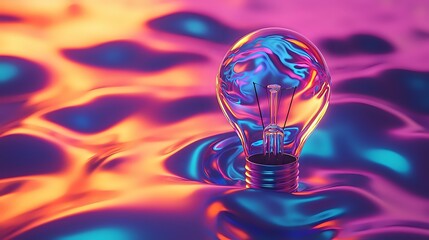 Glowing light bulb on vibrant neon background with flowing waves in purple, orange and blue colors creates futuristic technological mood for creative design projects.