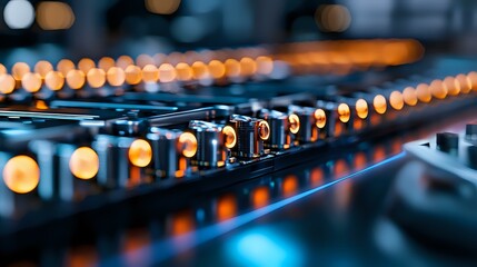 Professional audio mixing console with illuminated buttons and faders in dark studio environment, orange and blue lighting creates atmospheric mood.