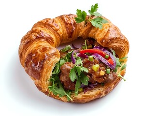 Fresh butter croissant sandwich filled with meat patty, mixed greens, red onions, corn and parsley garnish on white background, isolated food photography.