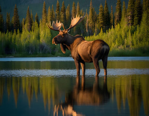 A moose standing in a Montana mountain lake at dusk. A beautiful wallpaper with a mountain and plants. moose in the lake.