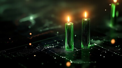 Glowing green candles burning with magical flame against dark background with sparkles and bokeh lights creating mystical atmosphere.