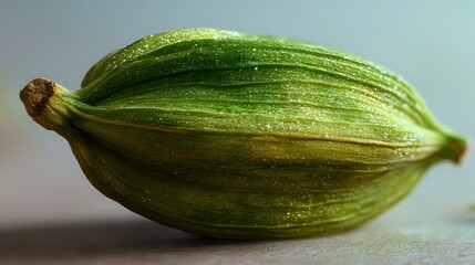 Fresh green cardamom pod macro shot showing natural texture and ridges on soft blurred background, aromatic spice ingredient for cooking and flavoring.