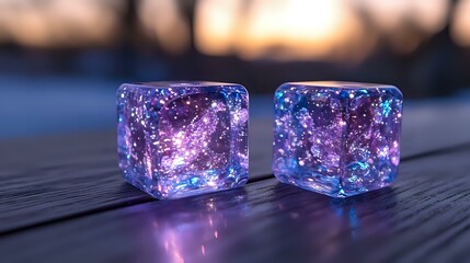 Glowing magical cubes with purple and blue sparkles on dark wooden surface at sunset, mystical crystal dice with ethereal light effects and cosmic patterns.