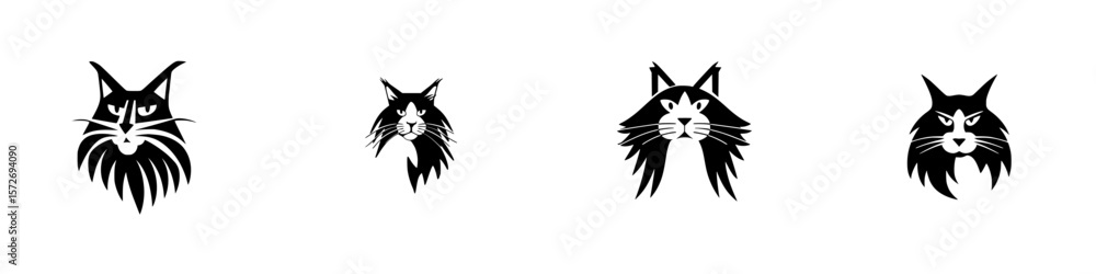 Poster silhouette pictograms featuring four distinct cat head designs showcasing unique expressions and fea