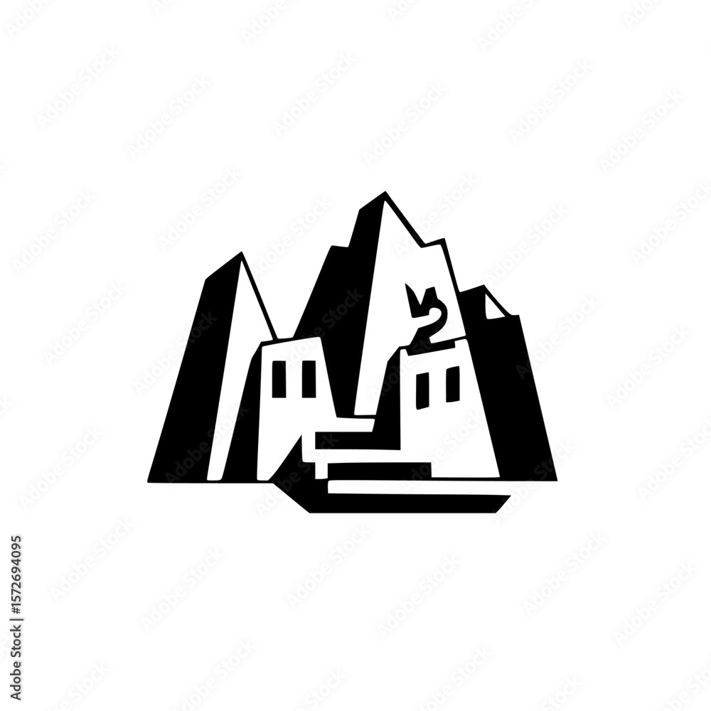 Poster silhouette pictogram of ancient mountains and structures showcasing historical architecture in a min
