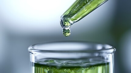 Green liquid dropping from glass dropper into clear laboratory beaker containing emerald solution, macro photography with selective focus on falling drop.