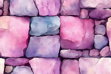 Watercolor stone wall pattern in pink and purple hues creates dreamy abstract background texture. Seamless design for fabric, wallpaper and creative projects.