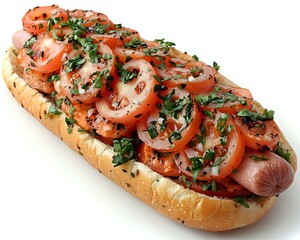 Hot dog topped with fresh sliced tomatoes, chopped herbs and seasonings on crusty bun, isolated on white background for menu or advertising use.