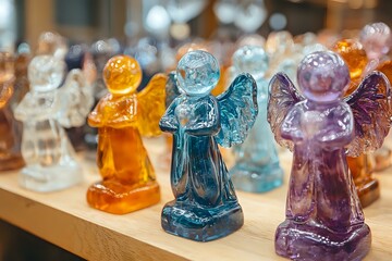 Colorful glass angel figurines in crystal blue, amber, and purple displayed on wooden shelf, spiritual decorative collection with translucent effect and soft bokeh background.