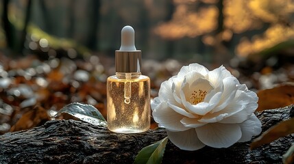 Glass dropper bottle with golden essential oil and white camellia flower on rustic wood in autumn forest setting, natural cosmetics and aromatherapy concept.