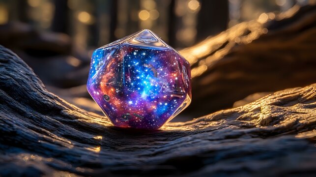 Glowing cosmic d20 dice with galaxy pattern inside resting on wooden surface, magical blue and purple nebula colors illuminate dark background.