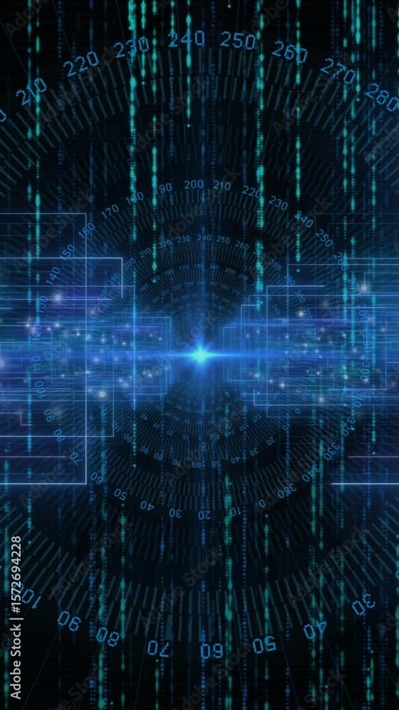Poster animation of network of connections with light spots over falling lines