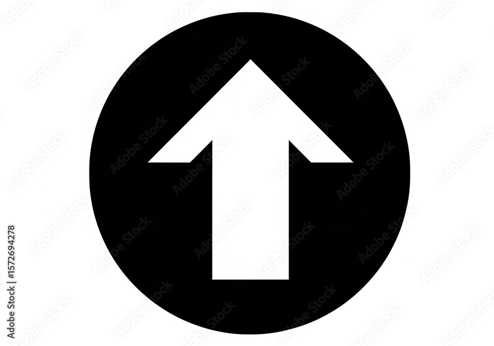 Poster a white arrow pointing upwards inside a black circle indicates forward movement isolated on transpar
