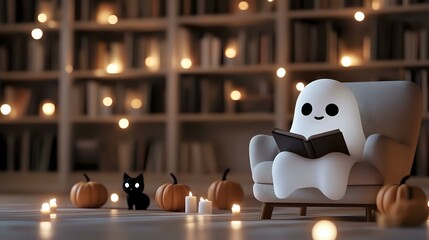 Cute ghost reading book in armchair with black cat and pumpkins around, warm bokeh lights and bookshelves background, Halloween cozy atmosphere.