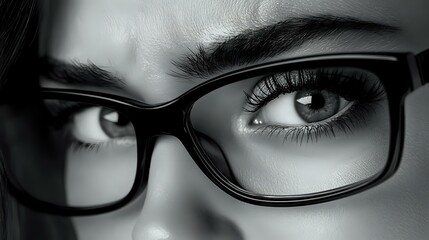 Close up monochrome portrait showing expressive eyes behind stylish black-framed glasses, capturing intense gaze and natural eyelashes in dramatic lighting.