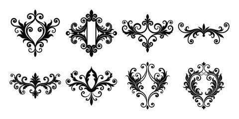 Vector art of eight exquisite black and white floral swirl designs for elegant decorations