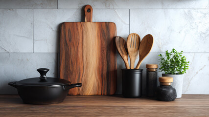 Wooden cutting board and cooking utensils set up