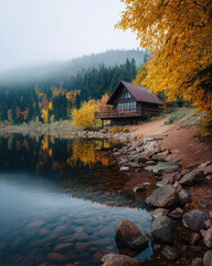Autumn tranquility by the lake in a forest