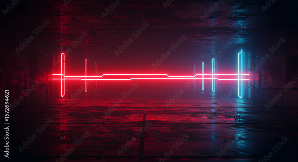 Poster neon tech lines: a sleek, neon display pulsates with vibrant red and blue hues, creating a dynamic, 