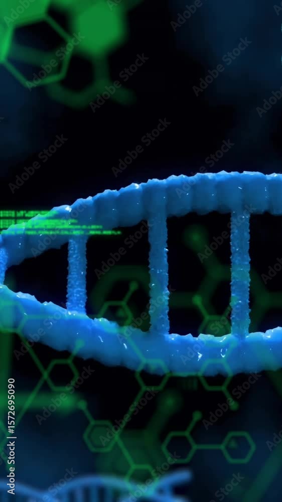 Poster animation of dna strands and data processing on black background