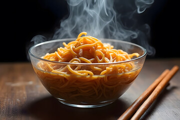 Steaming Hot Egg Noodles with Roasted Pork , Fresh Garnish, and Condiments on a Wooden Table