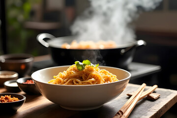 Steaming Hot Egg Noodles with Roasted Pork , Fresh Garnish, and Condiments on a Wooden Table