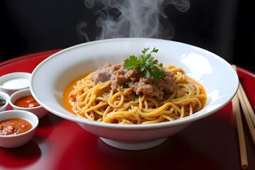 Steaming Hot Egg Noodles with Roasted Pork , Fresh Garnish, and Condiments on a Wooden Table