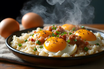 Steaming Hot Fried Eggs (Sunny Side Up) with Pepper and Green Onions Served on Rice
