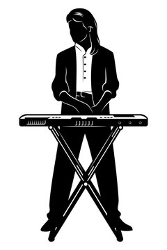 Silhouette of man playing music synthesizer. Vector clipart isolated on white.